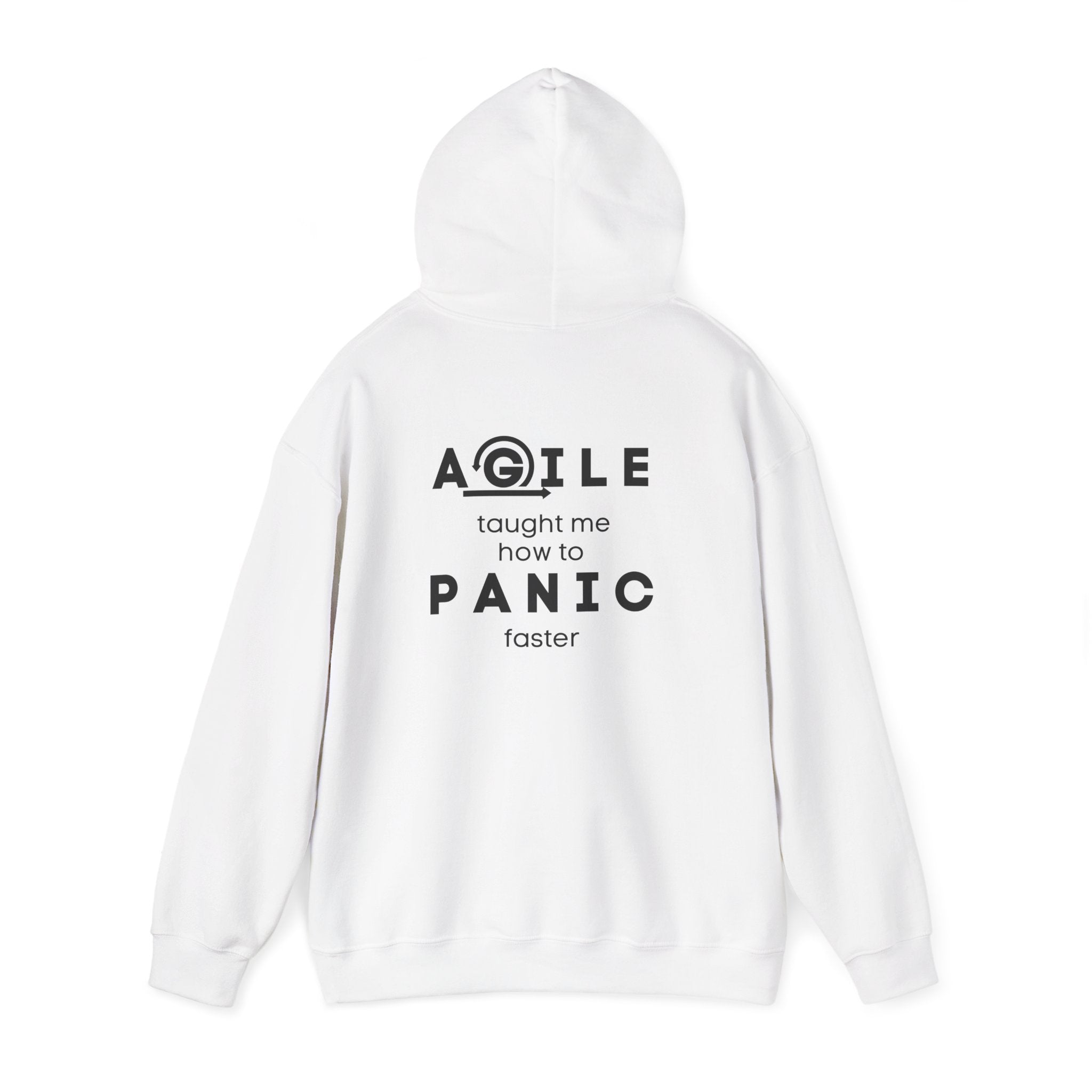 Hoodie — "Agile taught me how to PANIC faster" Back-Print Funny Tech Sweatshirt