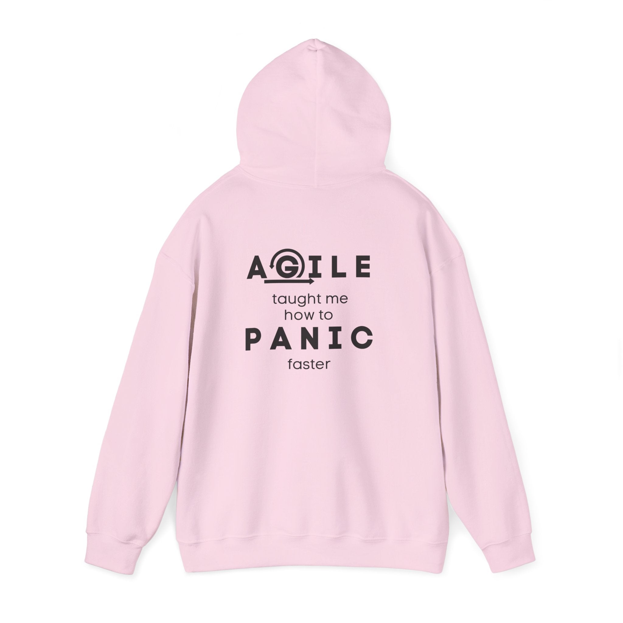 Hoodie — "Agile taught me how to PANIC faster" Back-Print Funny Tech Sweatshirt