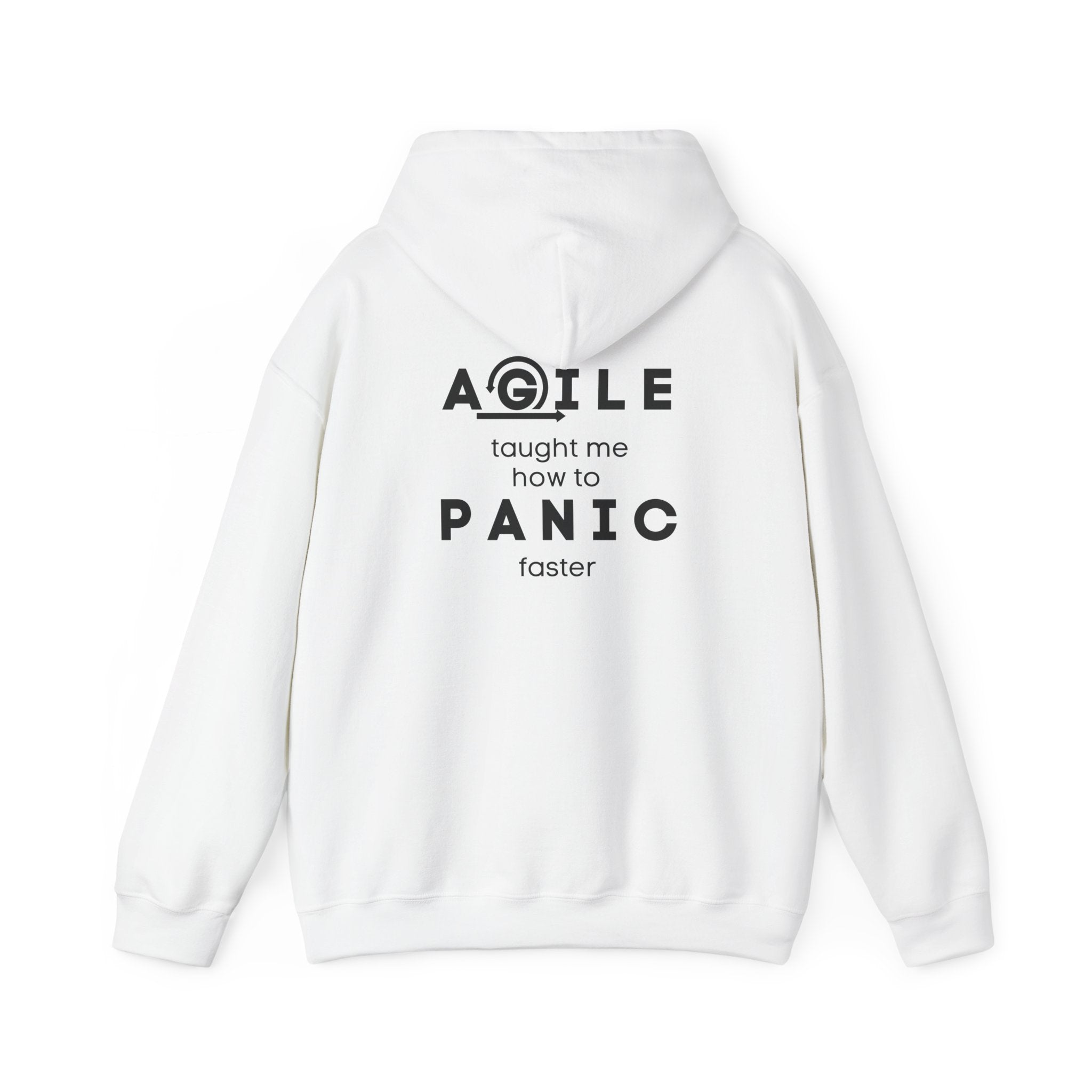 Hoodie — "Agile taught me how to PANIC faster" Back-Print Funny Tech Sweatshirt