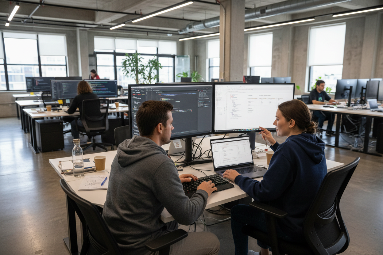 show coder male and female wearing hoodie and coding